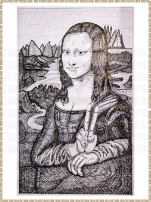 La Mona Paz es una reinterpretación moderna y creativa de leonardo, donde la icónica figura muestra los dedos en señal de paz, transmitiendo esperanza y unión.